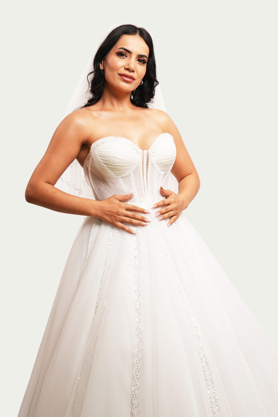 İnci Beyazı Drape, Transparan Detaylı Helen Model Gelinlik
